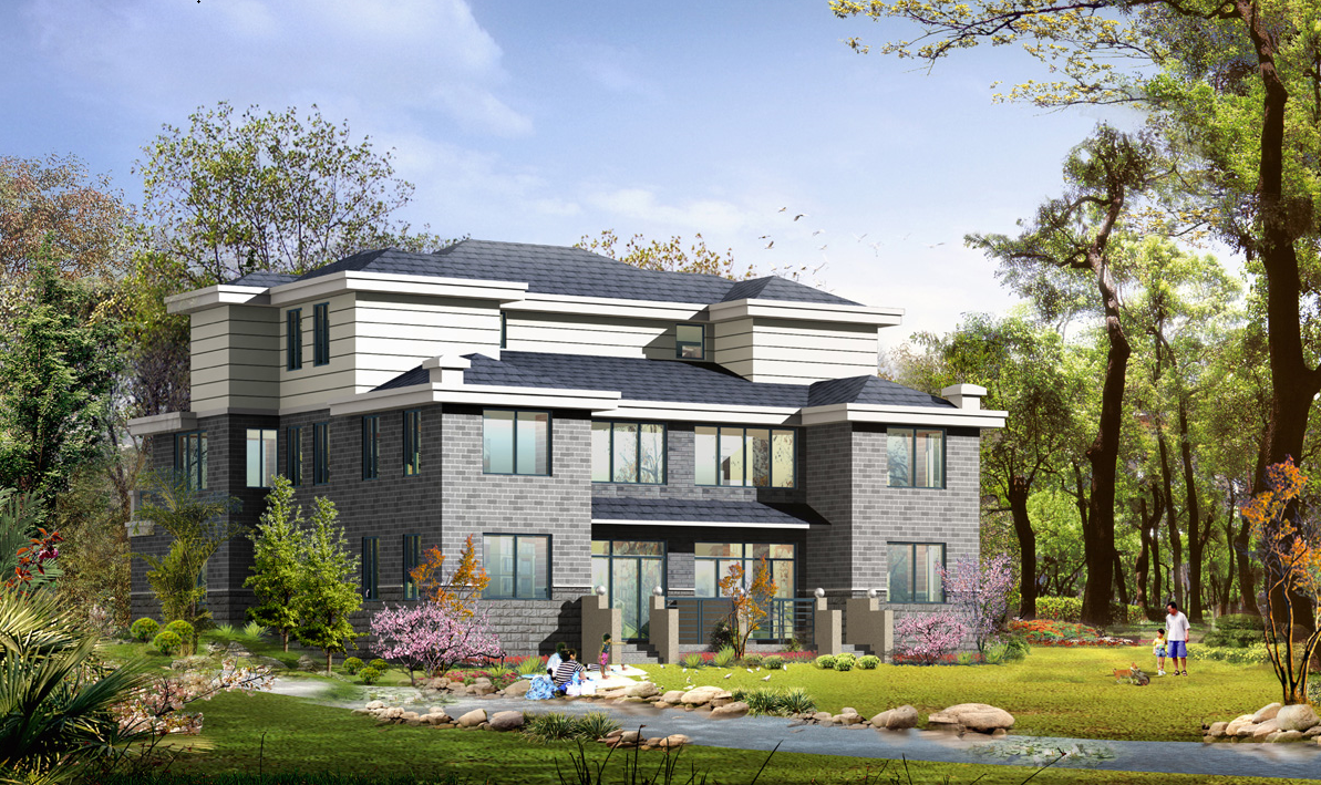 3套现代别墅建筑设计图纸及效果图